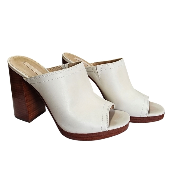 FRYE Cream Block Heel Clog Mules with Peep-Toe - 8M - Picture 1 of 10